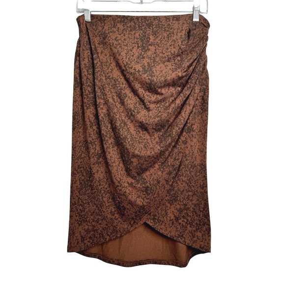 Brown Abstract Print Midi Skirt Ruched Tulip Hem Chic Casual Stylish Size Medium - Picture 1 of 6